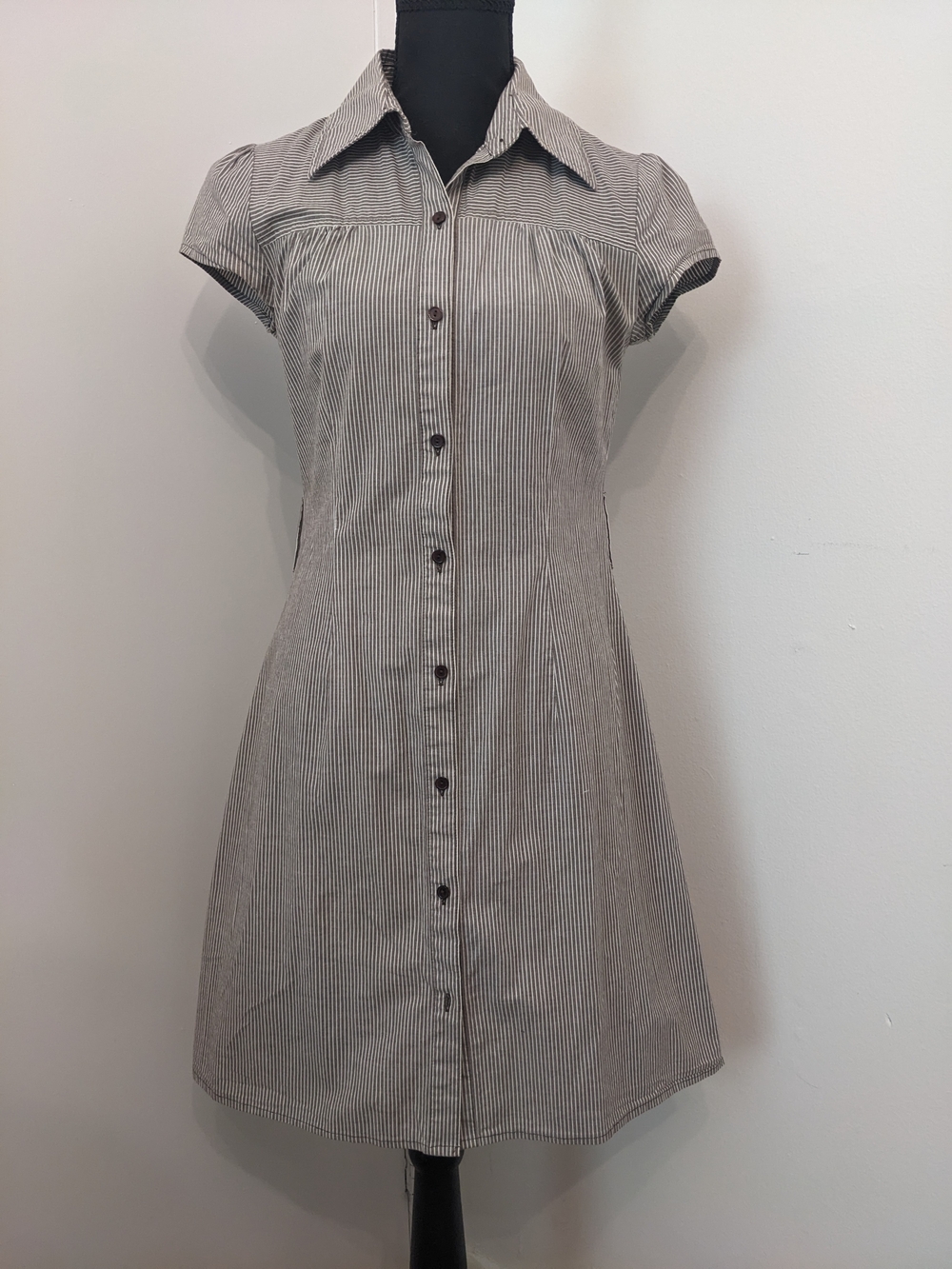 BCX Gray and White Striped Cap-Sleeve Button-Down Shirt Dress